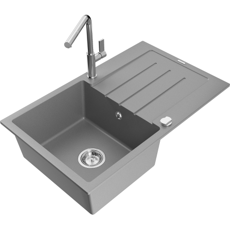 Mexen Bruno granite kitchen sink 1-bowl with drainer and Flora kitchen faucet, gray - 6513-71-670401-00