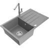 Mexen Bruno 1-bowl granite sink with drainer and Flora kitchen tap, grey - 6513-71-670401-00
