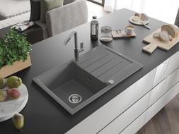 Mexen Bruno granite sink 1-bowl with drainer and Flora kitchen faucet, gray - 6513-71-670401-06