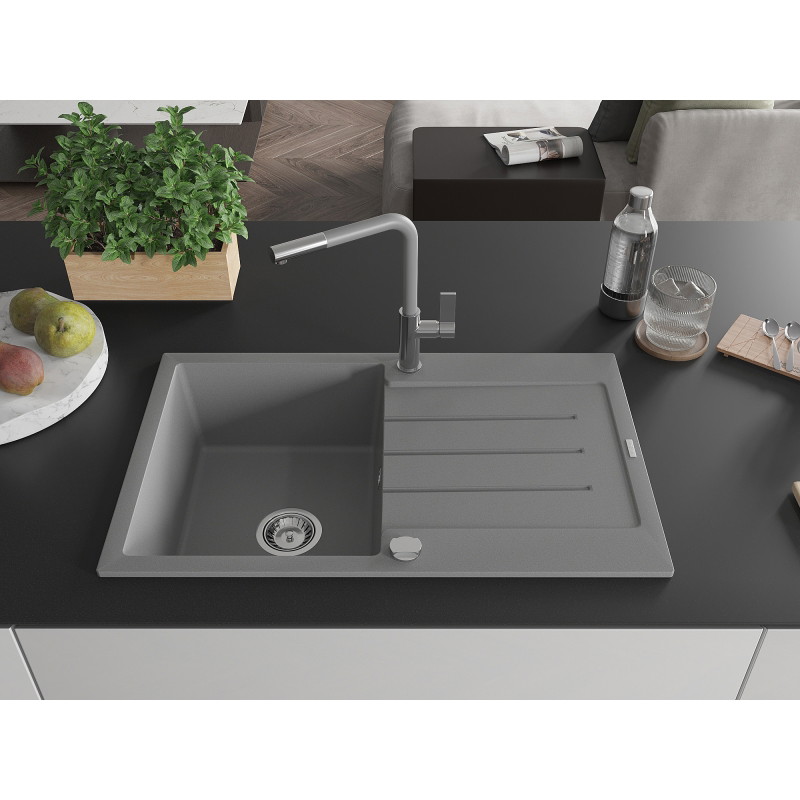 Mexen Bruno granite sink 1-bowl with drainer and Flora kitchen faucet, gray - 6513-71-670401-06