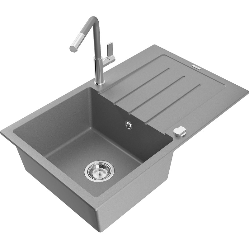 Mexen Bruno 1-Chamber Granite Sink with Drainer and Flora Kitchen Faucet, Gray - 6513-71-670401-06