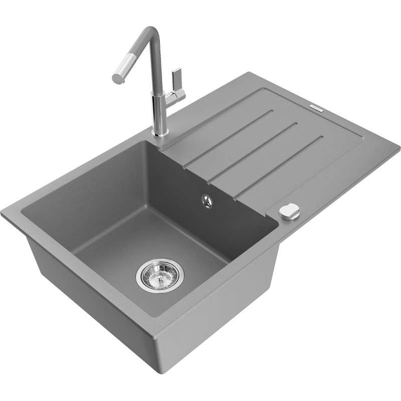 Mexen Bruno granite sink 1-bowl with drainer and Flora kitchen tap, grey - 6513-71-670401-06