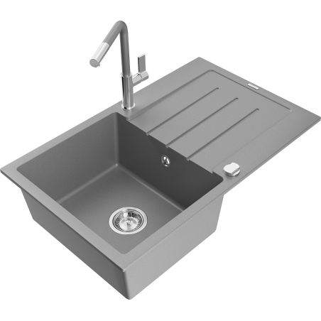 Mexen Bruno granite sink 1-bowl with drainer and Flora kitchen faucet, gray - 6513-71-670401-06