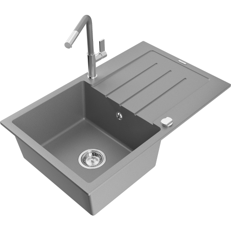 Mexen Bruno granite sink 1-bowl with drainer and Flora kitchen tap, grey - 6513-71-670401-06