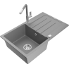 Mexen Bruno granite sink 1-bowl with drainer and Flora kitchen tap, grey - 6513-71-670401-06