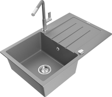 Mexen Bruno 1-Chamber Granite Sink with Drainer and Flora Kitchen Faucet, Gray - 6513-71-670401-06