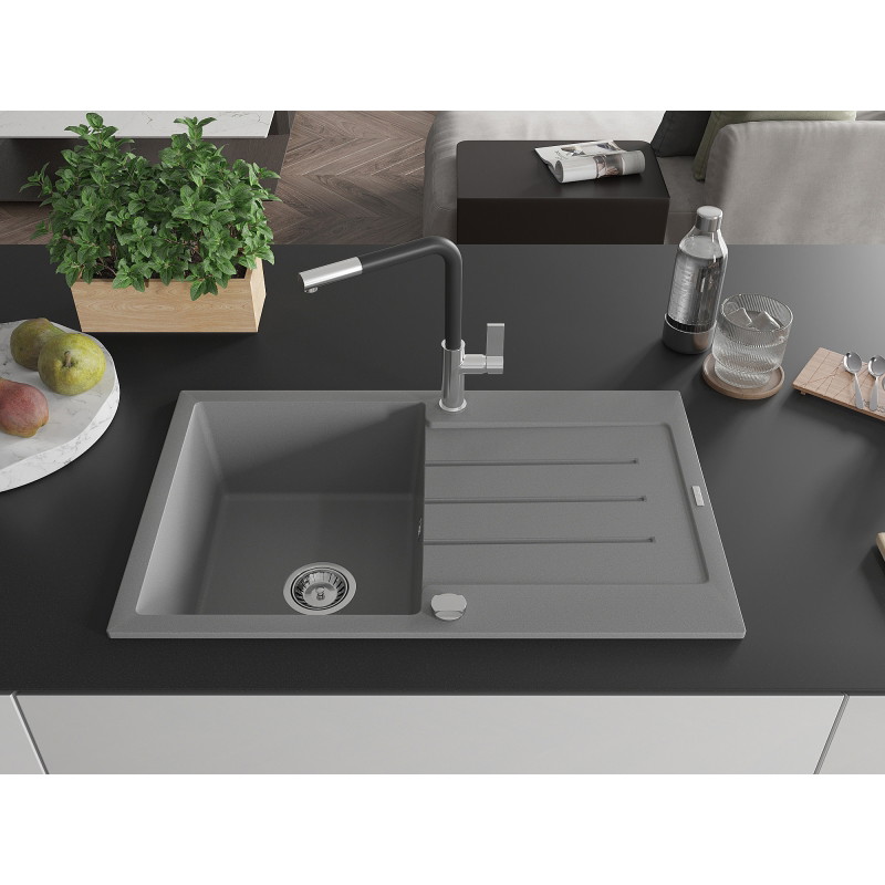Mexen Bruno 1-bowl granite sink with drainer and Flora kitchen faucet, gray - 6513-71-670401-07