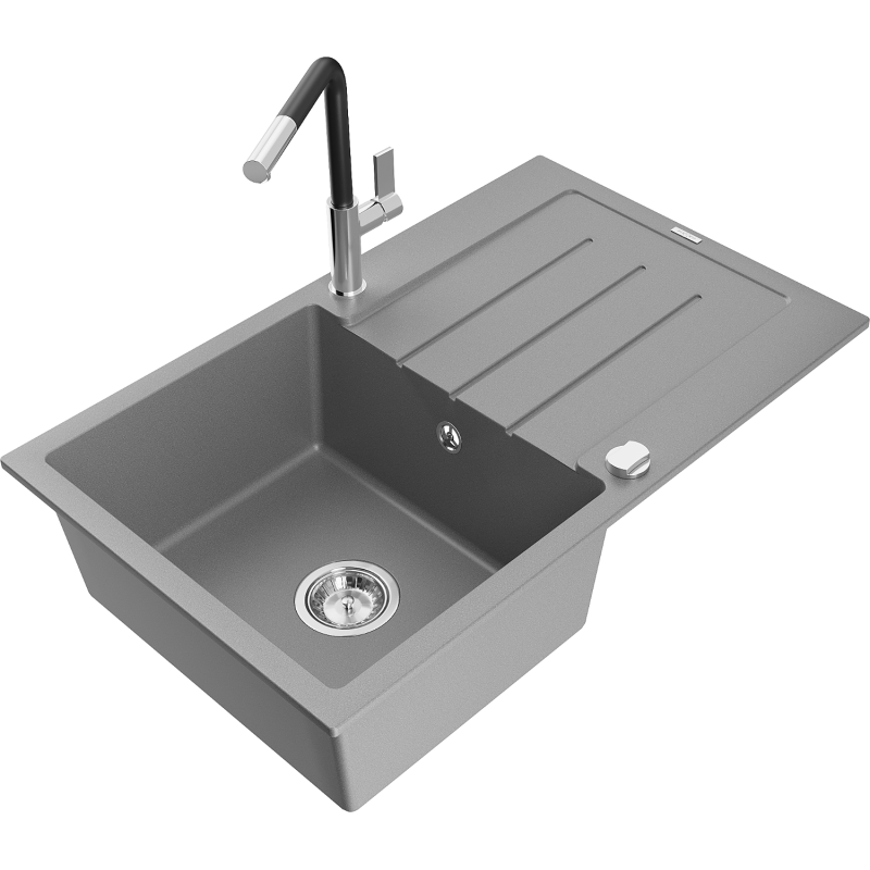 Mexen Bruno 1-compartment granite sink with a drip tray and kitchen mixer tap Flora, Grey - 6513-71-670401-07