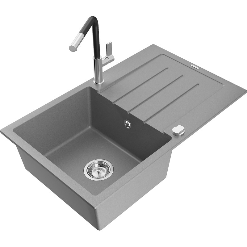 Mexen Bruno granite sink 1-bowl with drainer and Flora kitchen faucet, gray - 6513-71-670401-07