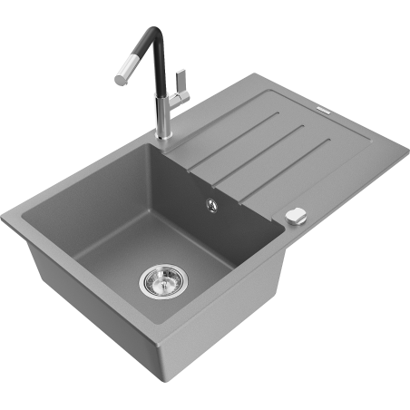 Mexen Bruno 1-bowl granite sink with drainer and Flora kitchen faucet, gray - 6513-71-670401-07