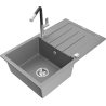 Mexen Bruno granite sink 1-bowl with drainer and Flora kitchen faucet, gray - 6513-71-670401-07