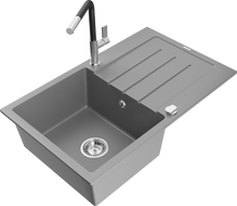 Mexen Bruno 1-bowl granite sink with drainer and Flora kitchen faucet, gray - 6513-71-670401-07