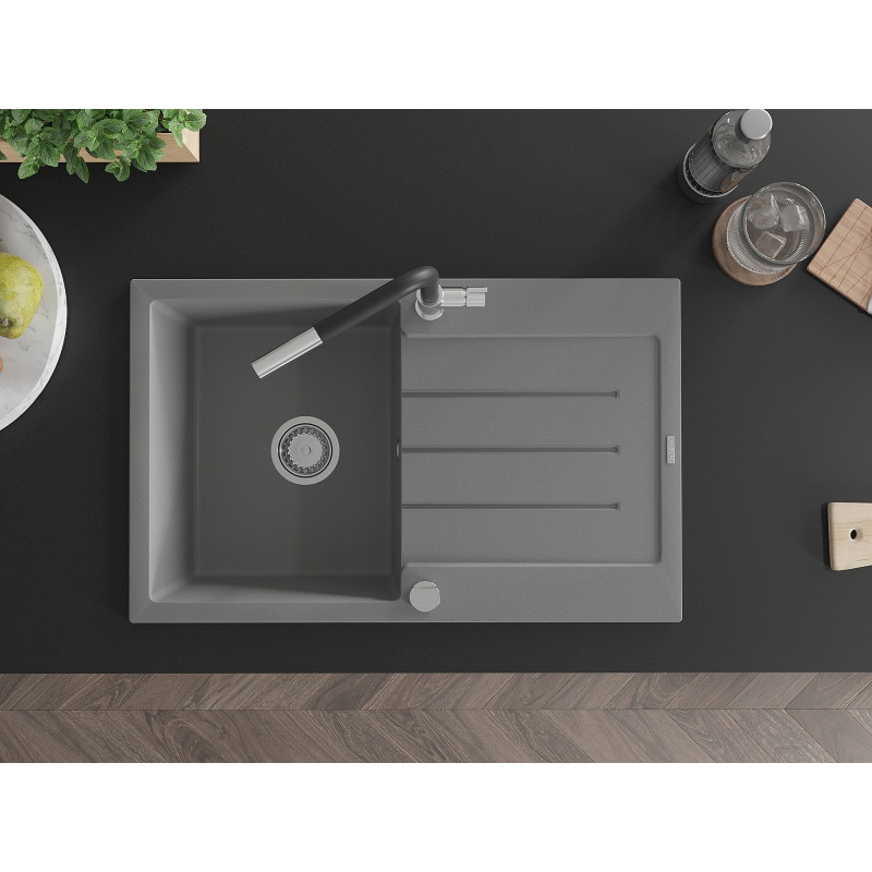 Mexen Bruno 1-bowl granite sink with drainer and Flora kitchen faucet, gray - 6513-71-670401-07