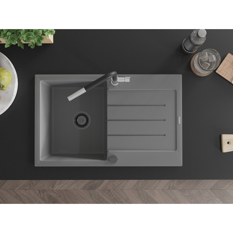 Mexen Bruno granite 1-bowl sink with drainer and Flora kitchen faucet, gray - 6513-71-670401-07-B