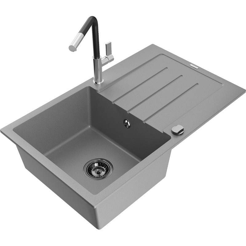 Mexen Bruno granite 1-bowl sink with drainer and Flora kitchen faucet, gray - 6513-71-670401-07-B