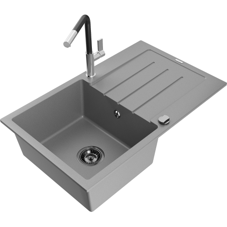 Mexen Bruno 1-bowl granite sink with drainer and Flora kitchen faucet, gray - 6513-71-670401-07-B