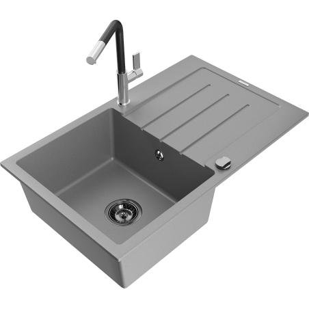 Mexen Bruno granite 1-bowl sink with drainer and Flora kitchen faucet, gray - 6513-71-670401-07-B