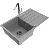Mexen Bruno 1-bowl granite sink with drainer and Flora kitchen faucet, gray - 6513-71-670401-07-B