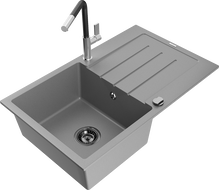 Mexen Bruno 1-bowl granite sink with drainer and Flora kitchen tap, grey - 6513-71-670401-07-B