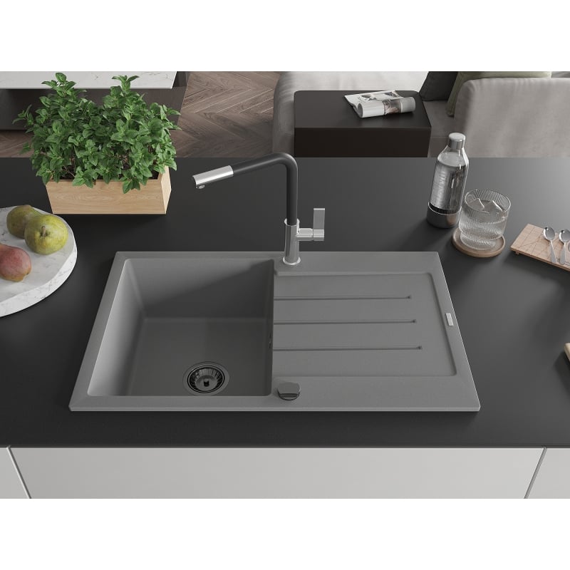 Mexen Bruno 1-bowl granite sink with drainer and Flora kitchen faucet, gray - 6513-71-670401-07-B