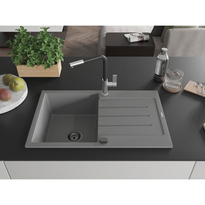 Mexen Bruno 1-bowl granite sink with drainer and Flora kitchen tap, grey - 6513-71-670401-07-B