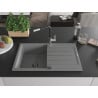 Mexen Bruno 1-bowl granite sink with drainer and Flora kitchen faucet, gray - 6513-71-670401-07-B