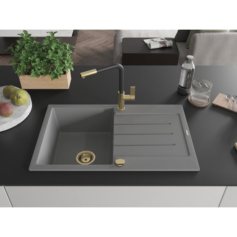 Mexen Bruno granite kitchen sink 1-bowl with drainer and Flora kitchen faucet, gray - 6513-71-670401-57-G