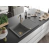Mexen Bruno 1-bowl granite sink with drainer and Flora kitchen tap, grey - 6513-71-670401-57-G