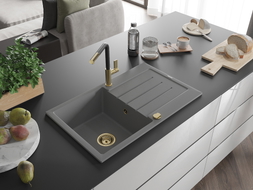 Mexen Bruno granite kitchen sink 1-bowl with drainer and Flora kitchen faucet, gray - 6513-71-670401-57-G