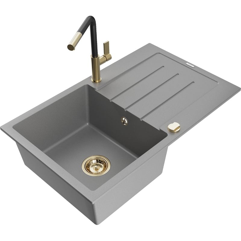 Mexen Bruno granite kitchen sink 1-bowl with drainer and Flora kitchen faucet, gray - 6513-71-670401-57-G