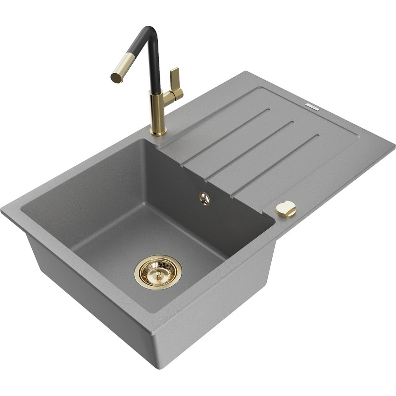 Mexen Bruno single-bowl granite sink with drainer and Flora kitchen faucet, gray - 6513-71-670401-57-G
