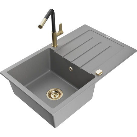 Mexen Bruno single-bowl granite sink with drainer and Flora kitchen faucet, gray - 6513-71-670401-57-G