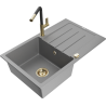 Mexen Bruno 1-bowl granite sink with drainer and Flora kitchen tap, grey - 6513-71-670401-57-G