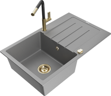 Mexen Bruno 1-compartment granite sink with a drip tray and kitchen mixer tap Flora, Grey - 6513-71-670401-57-G
