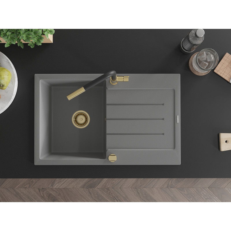 Mexen Bruno 1-bowl granite sink with drainer and Flora kitchen tap, grey - 6513-71-670401-57-G
