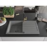 Mexen Bruno 1-bowl granite sink with drainer and Flora kitchen tap, grey - 6513-71-670401-57-B