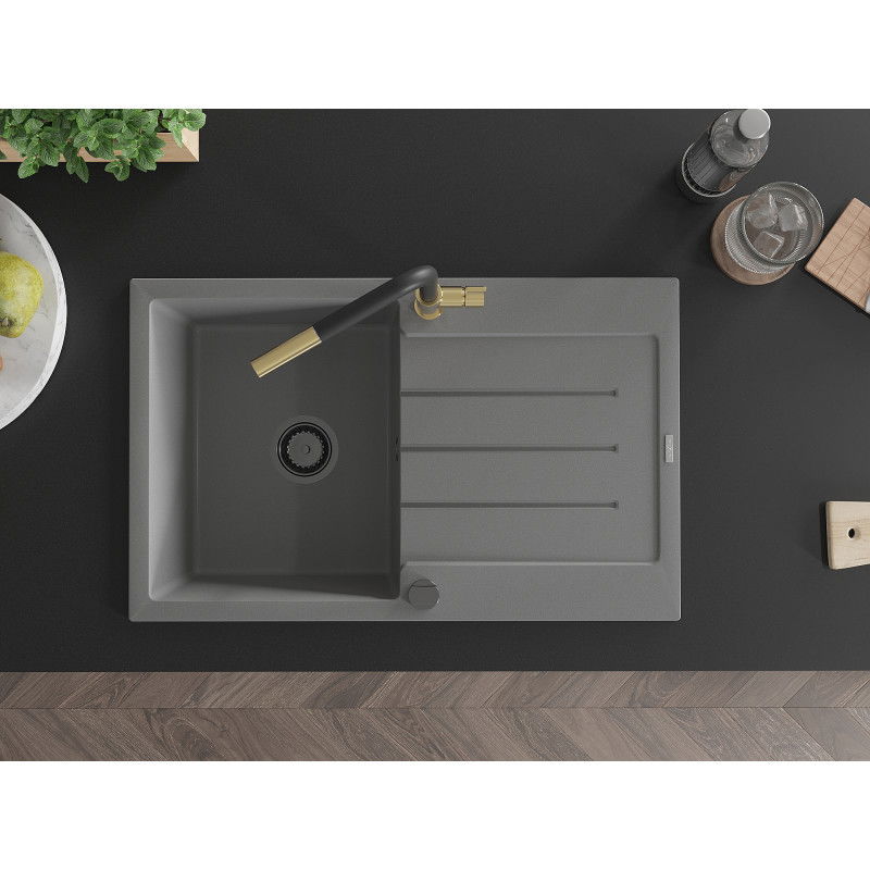 Mexen Bruno 1-bowl granite sink with drainer and Flora kitchen tap, grey - 6513-71-670401-57-B