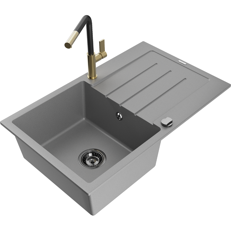 Mexen Bruno 1-bowl granite sink with drainer and Flora kitchen tap, grey - 6513-71-670401-57-B
