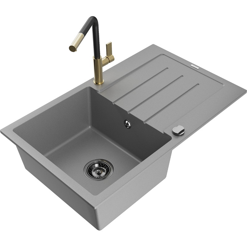 Mexen Bruno single-bowl granite sink with drainer and Flora kitchen faucet, gray - 6513-71-670401-57-B