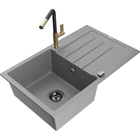 Mexen Bruno 1-bowl granite sink with drainer and Flora kitchen tap, grey - 6513-71-670401-57-B