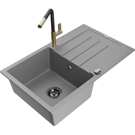 Mexen Bruno 1-compartment granite sink with a drip tray and kitchen mixer tap Flora, Grey - 6513-71-670401-57-B