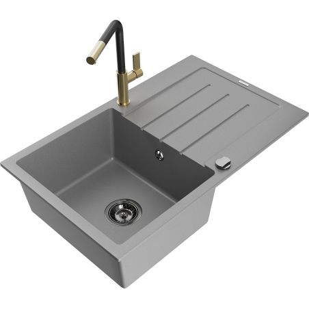 Mexen Bruno granite 1-bowl kitchen sink with drainer and Flora kitchen faucet, gray - 6513-71-670401-57-B