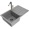 Mexen Bruno 1-bowl granite sink with drainer and Flora kitchen tap, grey - 6513-71-670401-57-B