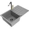 Mexen Bruno granite 1-bowl kitchen sink with drainer and Flora kitchen faucet, gray - 6513-71-670401-57-B