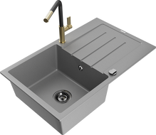 Mexen Bruno granite 1-bowl kitchen sink with drainer and Flora kitchen faucet, gray - 6513-71-670401-57-B