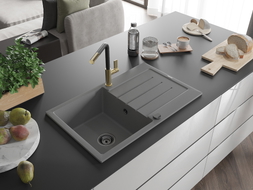 Mexen Bruno granite 1-bowl kitchen sink with drainer and Flora kitchen faucet, gray - 6513-71-670401-57-B