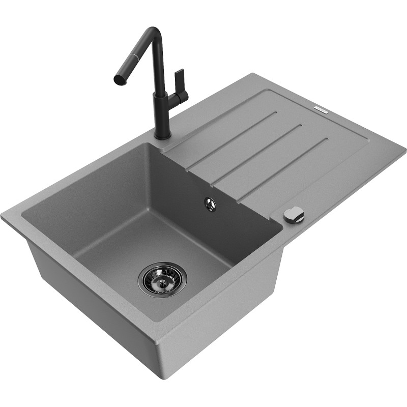 Mexen Bruno 1-bowl granite kitchen sink with drainer and Flora faucet, gray - 6513-71-670401-70-B