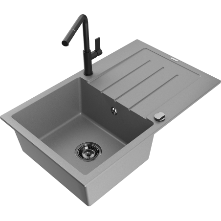 Mexen Bruno 1-bowl Granite Sink with Drainer and Flora Kitchen Tap, Grey - 6513-71-670401-70-B