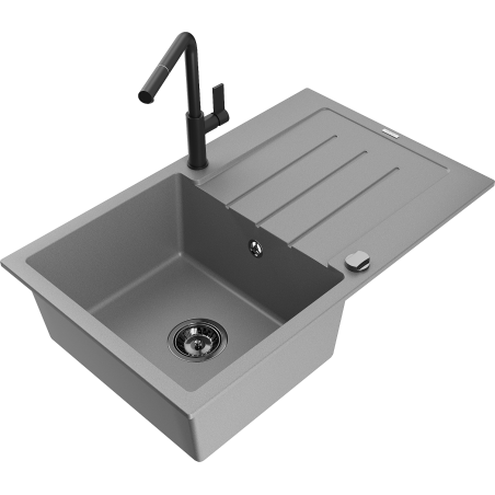 Mexen Bruno 1-compartment granite sink with a drip tray and kitchen mixer tap Flora, Grey - 6513-71-670401-70-B