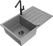 Mexen Bruno 1-compartment granite sink with a drip tray and kitchen mixer tap Flora, Grey - 6513-71-670401-70-B